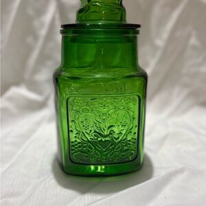 Vintage Green Glass Jar with Heart Design